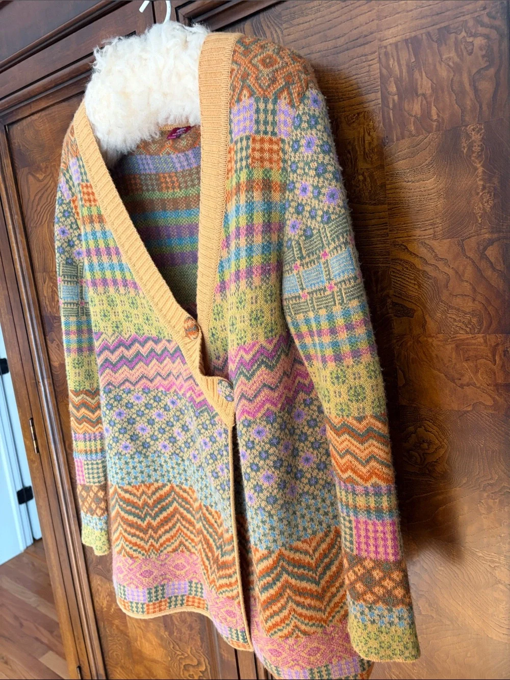IVKO Extrafine Lambswool Patchwork Cardigan Wrap Sweater Boho MultiColor M Flaws